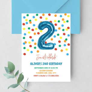 Colorful Confetti Two Balloon 2nd Birthday Boy Invitation