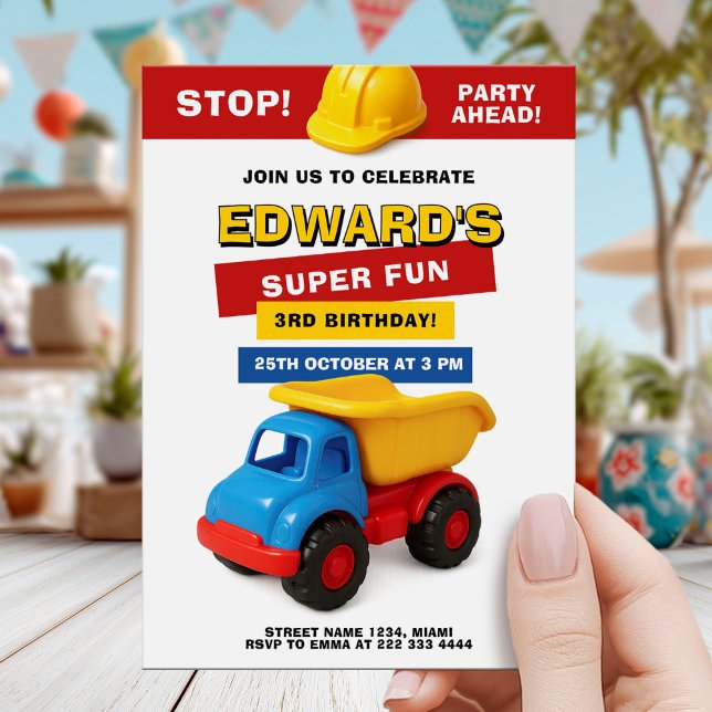 Colorful Construction Truck Birthday Invitation (Creator Uploaded)