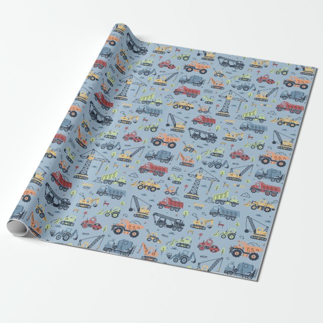 Colorful Construction Truck Birthday Wrapping Pape Wrapping Paper (Unrolled)
