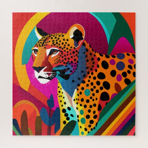 Colorful Contemporary Jungle Cheetah Portrait Jigsaw Puzzle