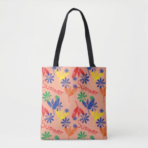 Colorful contemporary summer floral collage with h tote bag