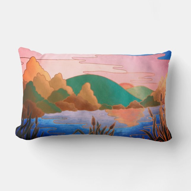 colorful contempory abstract art landscape lumbar pillow (Front)
