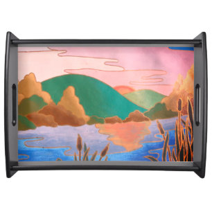 colorful contempory abstract art landscape serving tray