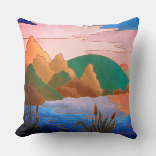 colorful contempory abstract art landscape throw pillow