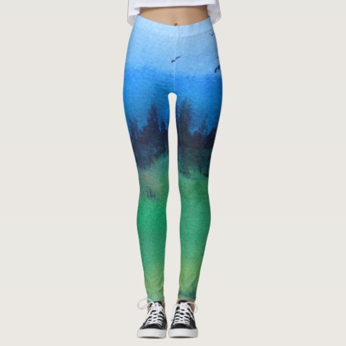 colorful contempory abstract design of landscape leggings