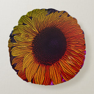 colorful contempory large yellow sun flower round pillow