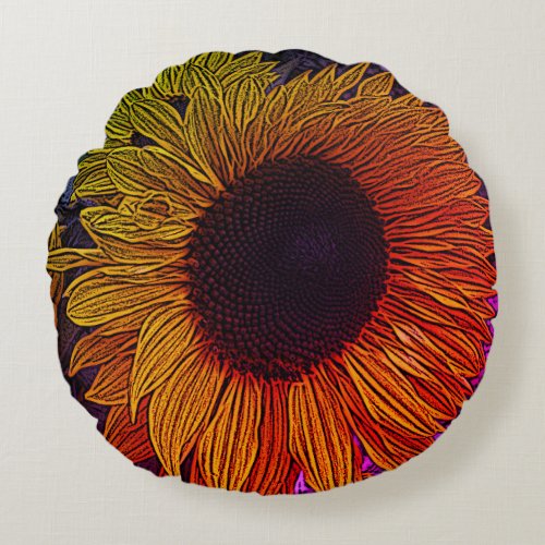 colorful contempory large yellow sun flower round pillow