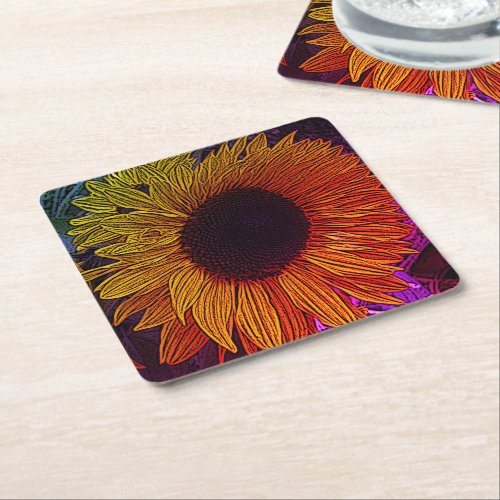 colorful contempory large yellow sun flower square paper coaster