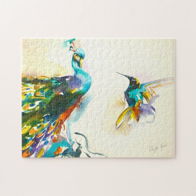 "Colorful Conversation" Hummingbird & Peacock Jigsaw Puzzle (Horizontal)