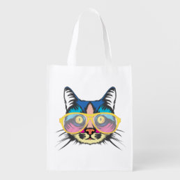 Colorful Cool Cat with Glasses  Grocery Bag