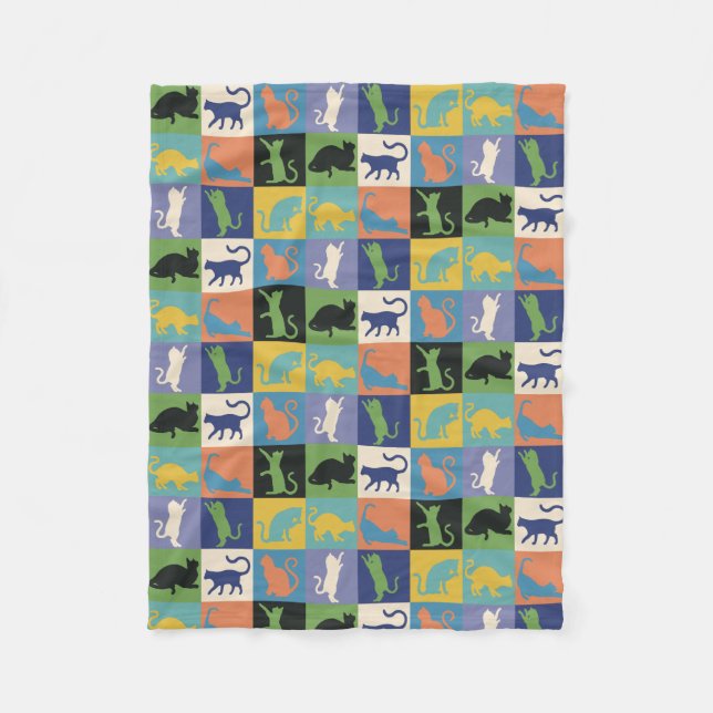 Colorful Cool Cats in Quilt-like Squares Fleece Blanket (Front)