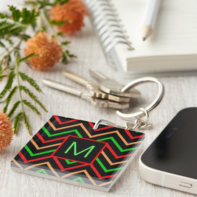 Colorful Cool Chevron on Black Monogram Keychain (Front Right)
