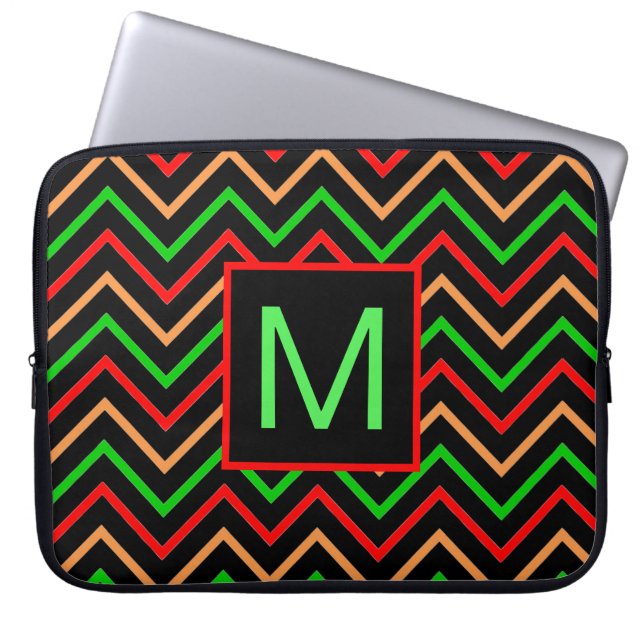 Colorful Cool Chevron on Black Monogram Laptop Sleeve (Front)