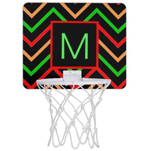 Colorful Cool Chevron on Black Monogram Mini Basketball Hoop