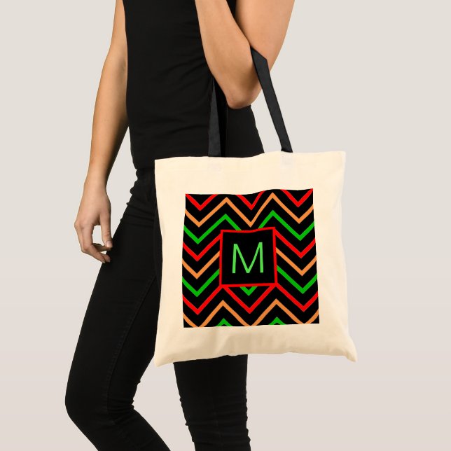 Colorful Cool Chevron on Black Monogram Tote Bag (Front (Product))