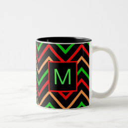Colorful Cool Chevron on Black Monogram Two-Tone Coffee Mug