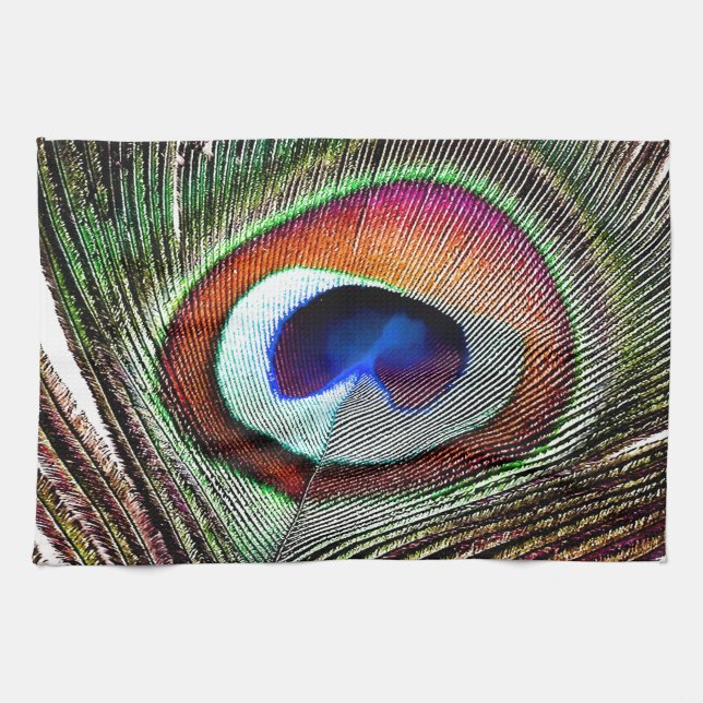Colorful Copper Peacock Feather Kitchen Towel (Horizontal)