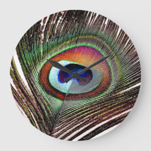Colorful Copper Peacock Feather Large Clock
