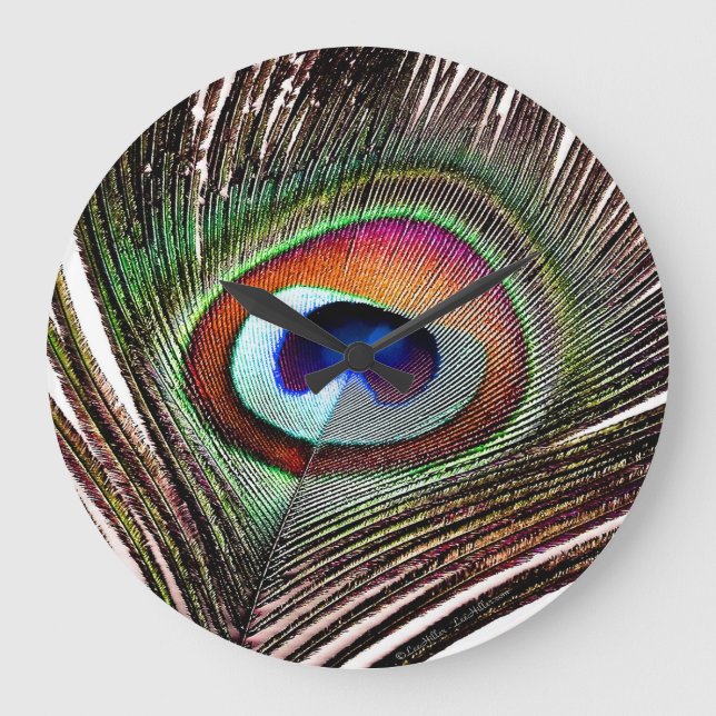 Colorful Copper Peacock Feather Large Clock (Front)