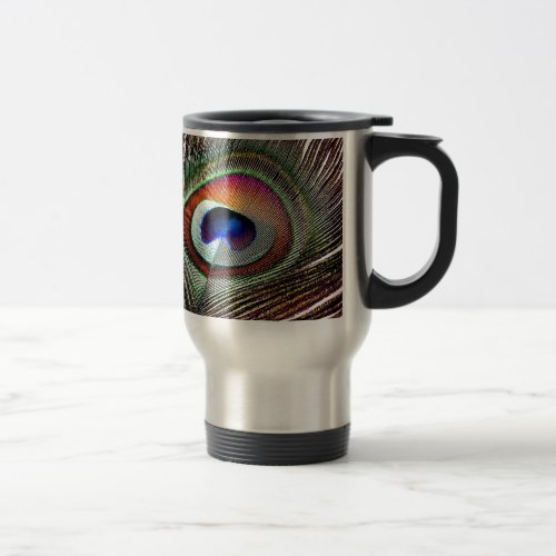 Colorful Copper Peacock Feather Travel Mug