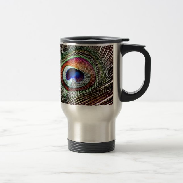 Colorful Copper Peacock Feather Travel Mug (Right)