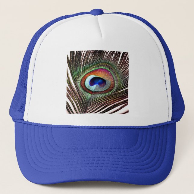 Colorful Copper Peacock Feather Trucker Hat (Front)