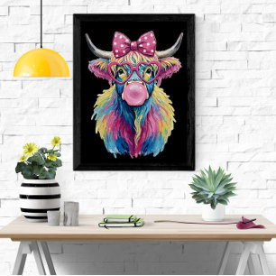 Colorful Coquette Highland Cow with Glasses & Bow Poster