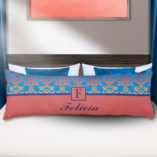 Colorful Coral and Blue Damask Monogram Body Pillow