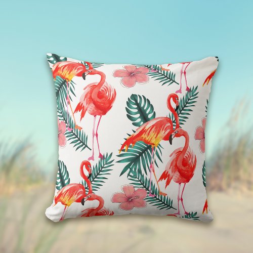 Colorful Coral Pink Flamingo Tropical Pattern Throw Pillow