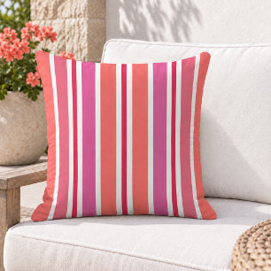 Colorful Coral Pink Magenta Vertical Stripe Outdoor Pillow