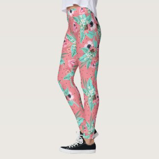 Colorful Coral Pink Summer Flowers Leggings
