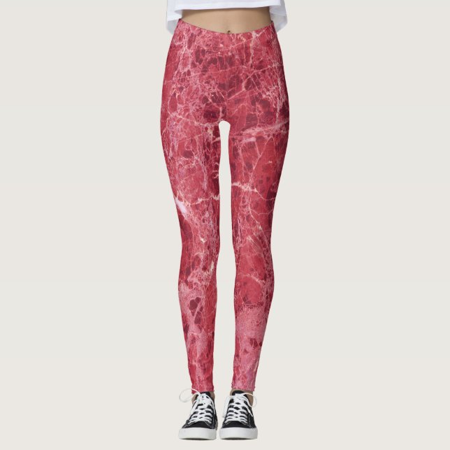 Colorful coral red marble leggings (Front)