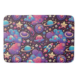 Colorful Cosmic Scene with Cartoon Planets Bath Mat
