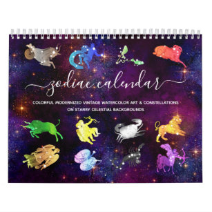 Colorful Cosmic Watercolor Zodiac Signs Artsy Boho Calendar