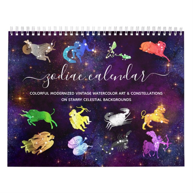 Colorful Cosmic Watercolor Zodiac Signs Artsy Boho Calendar (Cover)