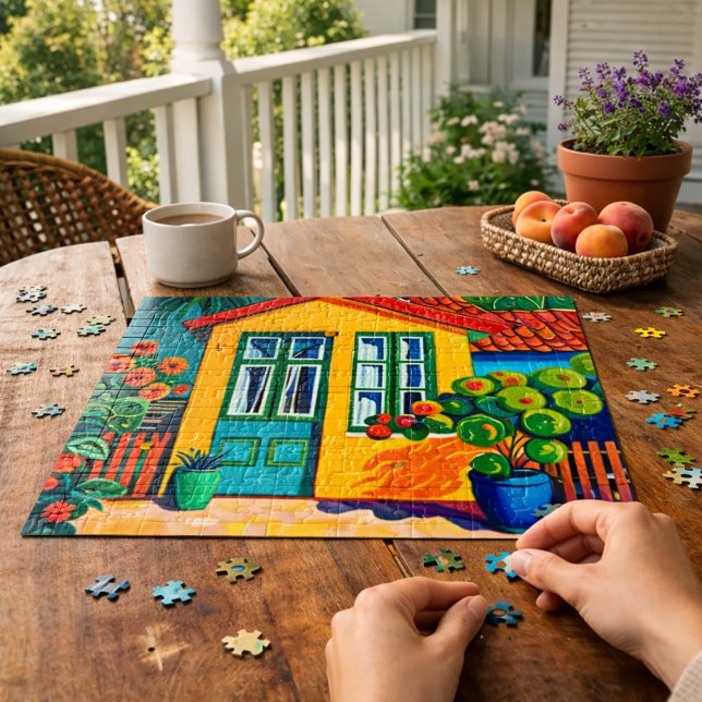 Colorful Cottage Bright Yellow House and Garden Jigsaw Puzzle (Creator Uploaded)