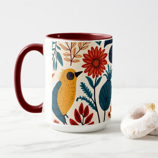 Colorful Cottagecore Floral Bird Pattern Mug