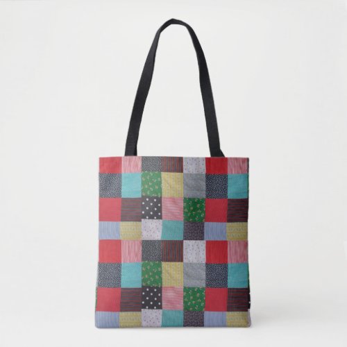 colorful cottagecore squares of vintage patchwork tote bag