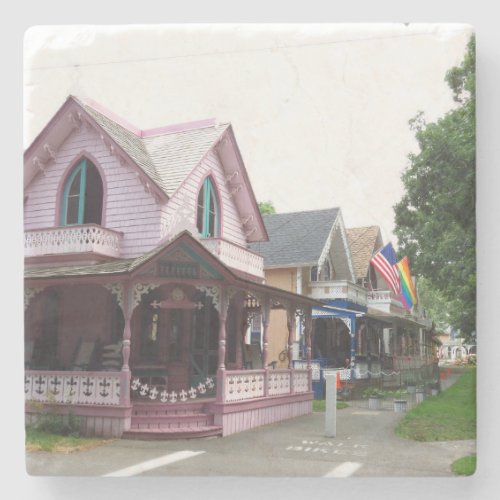 Colorful Cottages with Flags _ Marthas Vineyard Stone Coaster