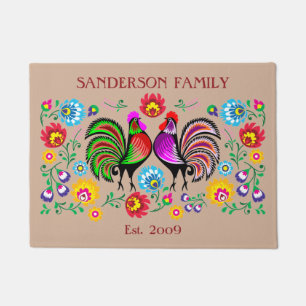 Colorful Country Chic Rooster Flower Pattern Doormat