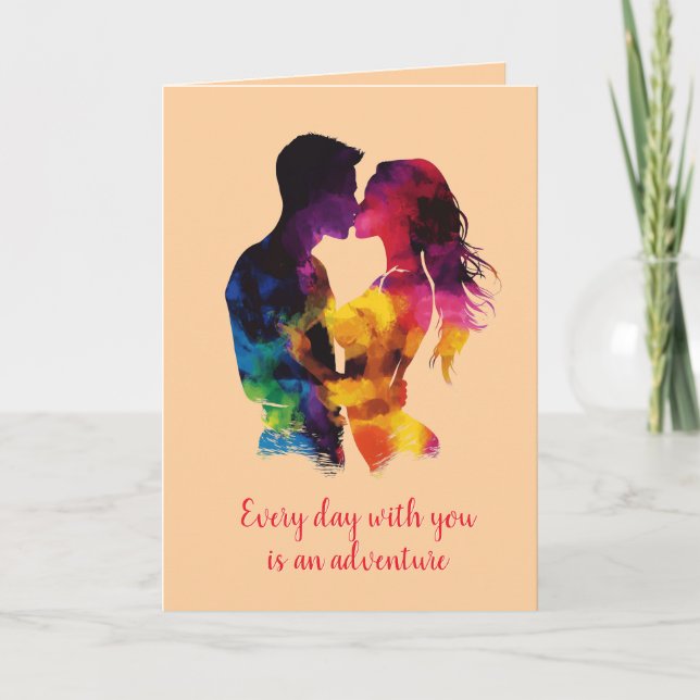 Colorful couple in love Silhouette Beige Card (Front)