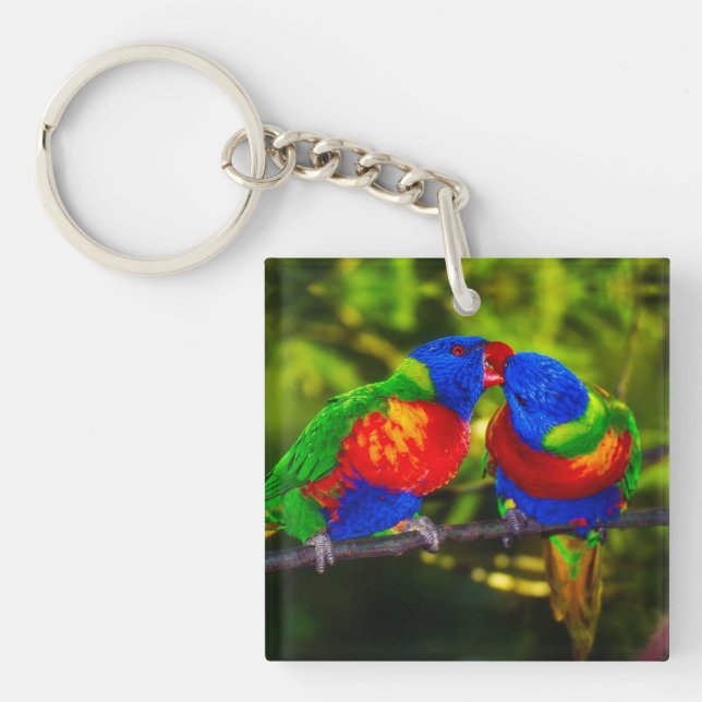 Colorful Couple of Kissing Parrots Keychain (Front)