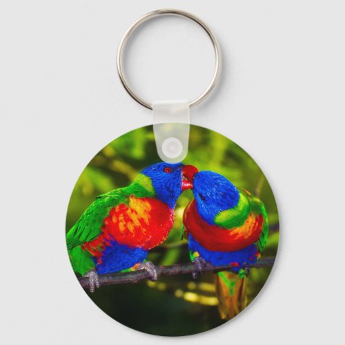 Colorful Couple of Kissing Parrots Keychain