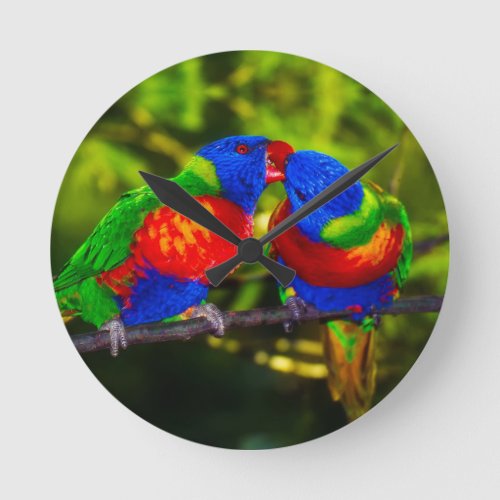 Colorful Couple of Kissing Parrots Round Clock