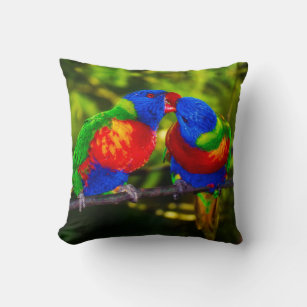 Colorful Couple of Kissing Parrots Throw Pillow