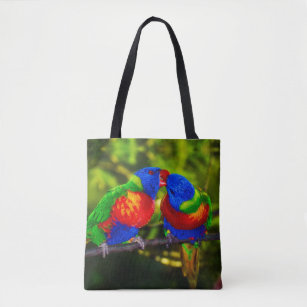 Colorful Couple of Kissing Parrots Tote Bag