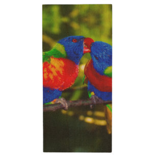 Colorful Couple of Kissing Parrots Wood Flash Drive