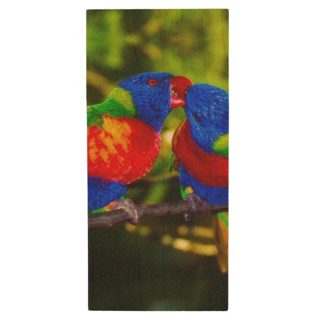 Colorful Couple of Kissing Parrots Wood Flash Drive (Front Vertical)
