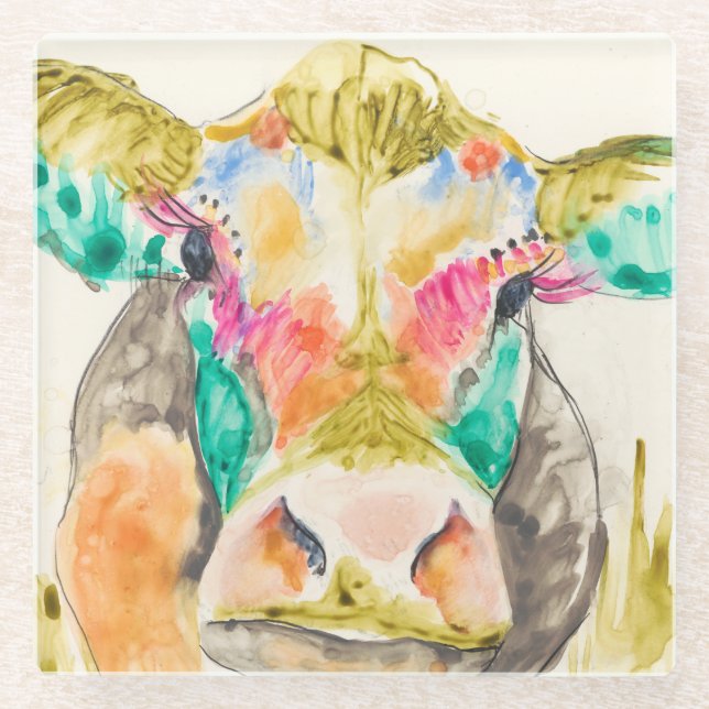 Colorful Cow Design Glass Coaster (Front)