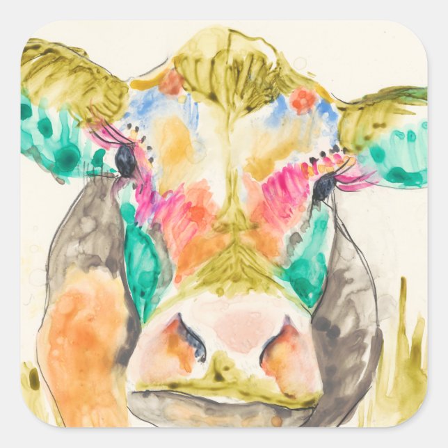 Colorful Cow Design Square Sticker (Front)